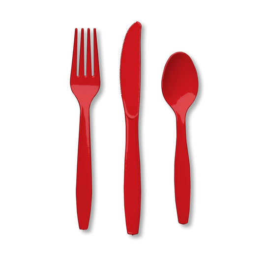 Red Plastic Assorted Cutlery Set contains 8 plastic knives, 8 plastic forks and 8 plastic spoons.