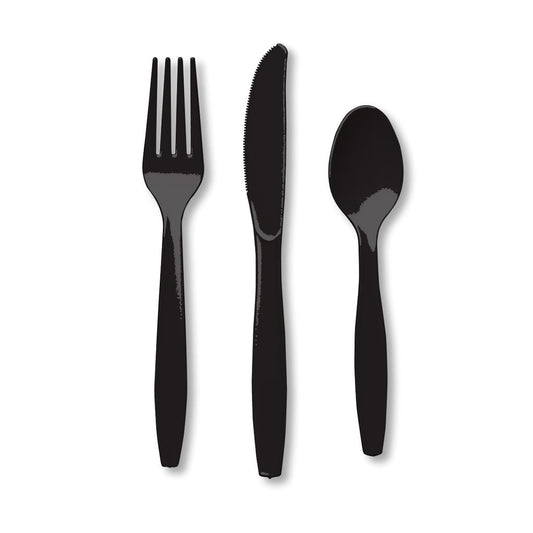 Black Plastic Assorted Cutlery Set contains 8 plastic knives| 8 plastic forks and 8 plastic spoons.