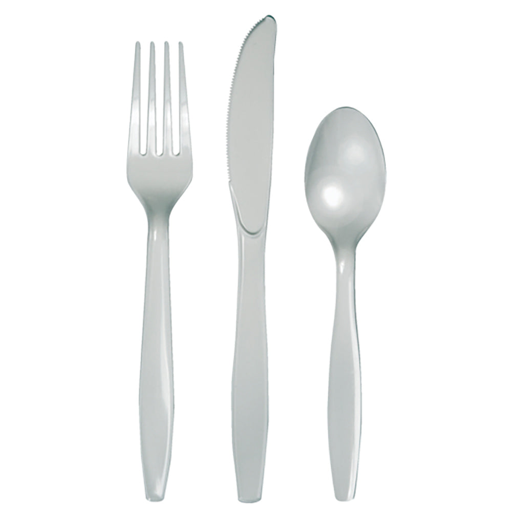 Silver Plastic Assorted Cutlery Set, contains 8 plastic knives, 8 plastic forks and 8 plastic spoons.
