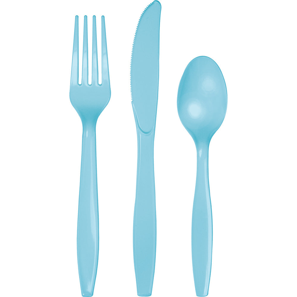Pastel Blue Plastic Assorted Cutlery Set, contains 8 plastic knives, 8 plastic forks and 8 plastic spoons.