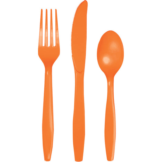 Orange Plastic Assorted Cutlery Set, contains 8 plastic knives, 8 plastic forks and 8 plastic spoons.