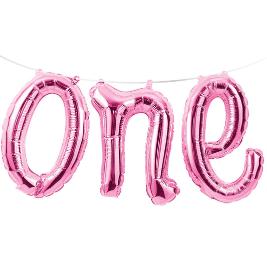 Pink Number One Air Fill Balloon Banner with Ribbon. 30cm x 1.5m (12 inch x 5ft)
