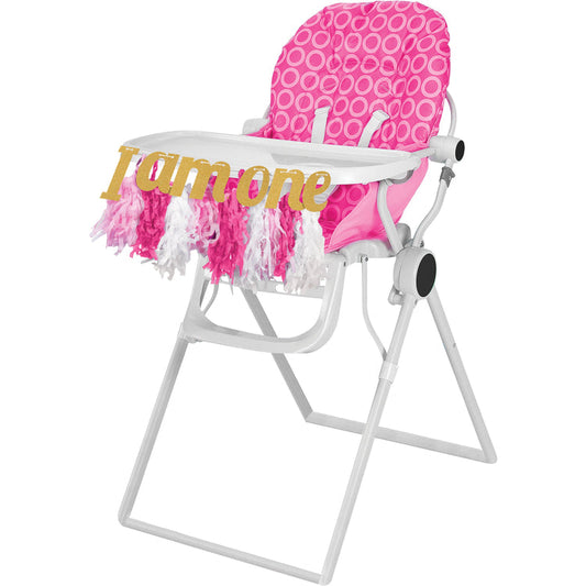 I am One Pink Tissue Fringe High Chair Decoration 20cm x 87cm (8in x 34in)