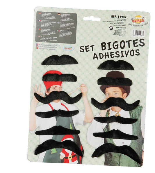 Assorted Black Adhesive Moustaches. Contains 2 each of 6 different moustache designs.