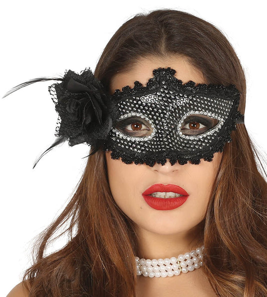 Ladies Black Masquerade Eye Mask with Jewels and Black Flower