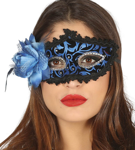 Ladies Blue Decorated Masquerade Eye Mask with Blue Flower