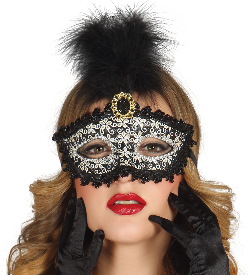 Ladies Black Masquerade Eye Mask with Feather