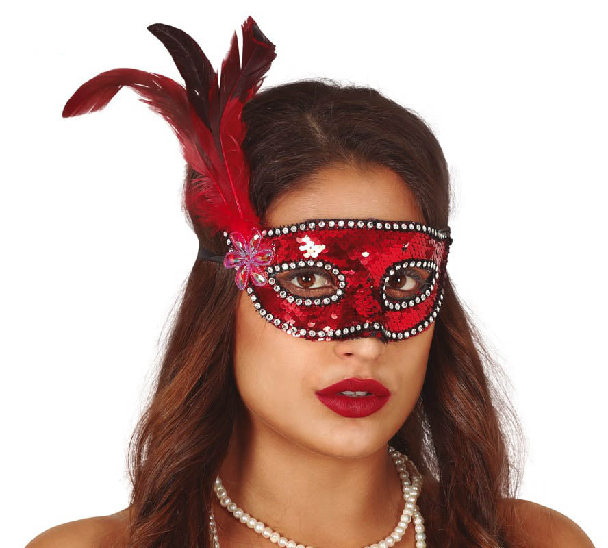 Red Sequin Masquerade Mask with Feathers