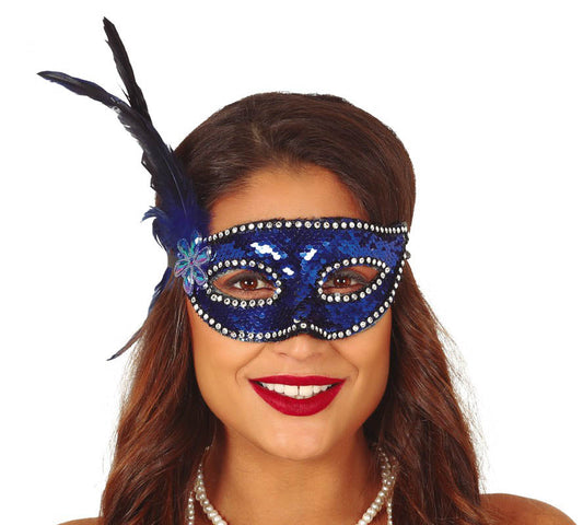 Blue Sequin Masquerade Mask with Feathers