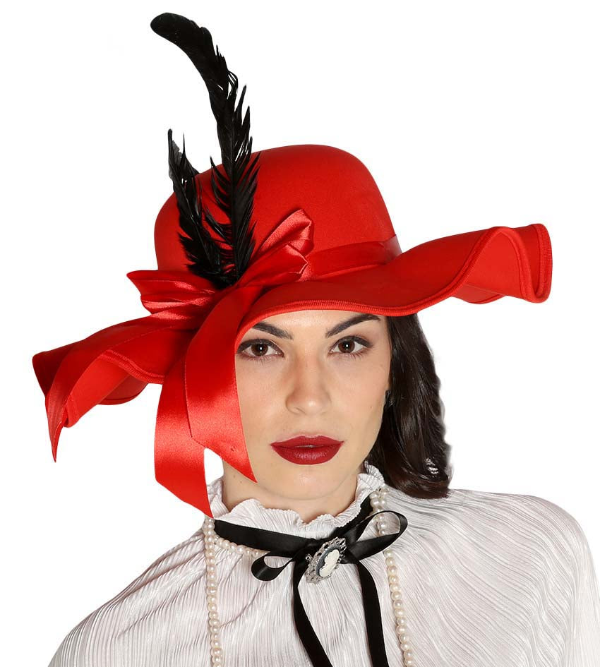 Red Pamela Hat with wide floppy brim, red ribbon bow and black feathers
