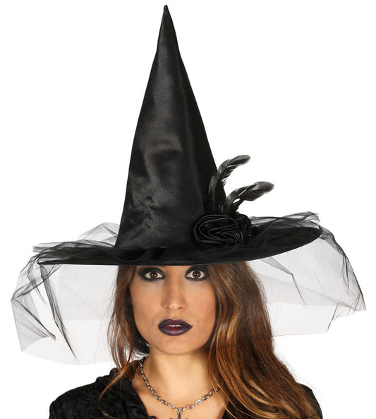 Black Witch Hat with Flower and Veil