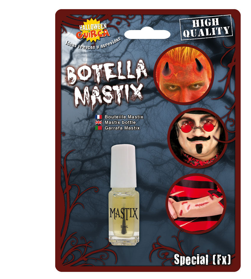 5ml Bottle Mastix A special glue for attaching scars or flesh to your skin. You can also use it as a pre-base to cover eyelashes or for making moustaches stick to your face.