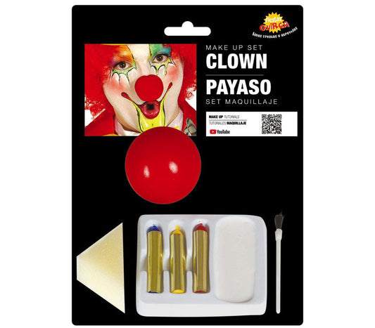 Clown Make-Up Kit includes 1 white colour palette| facepaint applicator tool| 3 colour facepaint crayons and plastic red nose