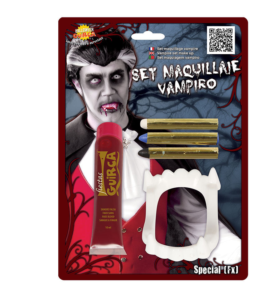 Vampire Make-up Set includes 10ml blood, teeth and three 2g make up sticks (blue,white,black). Age 14+