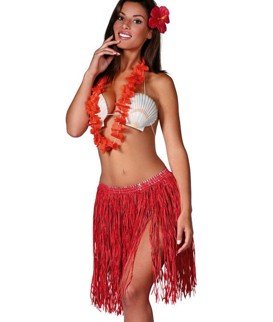 Red 3 Piece Set, Red, includes grass skirt, lei necklace and flower hairclip