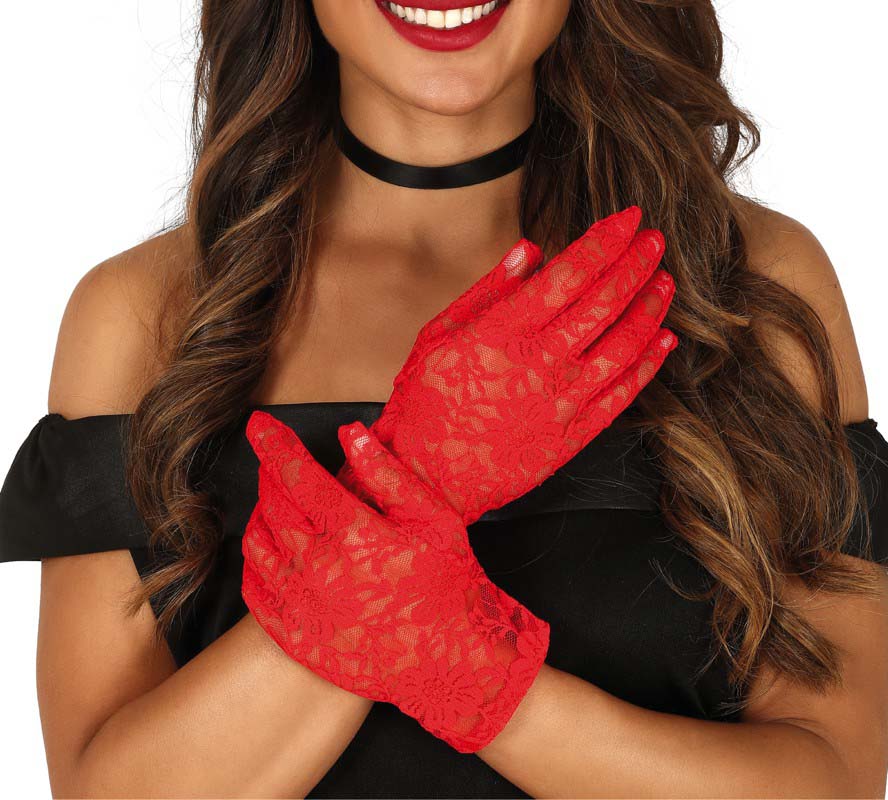Short Red Lace Gloves, 22cm