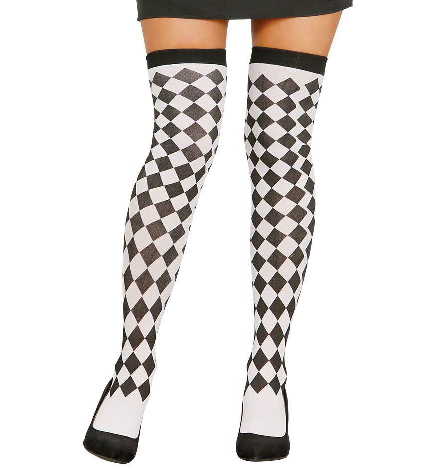 Ladies Black and White Harlequin Hold Up Stockings. Adult. One Size