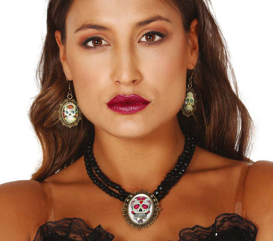 Day of the Dead Pendant Necklace and Earrings Set