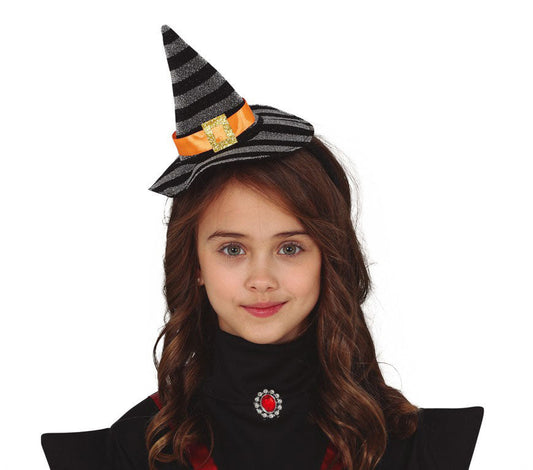 Child Silver and Black Mini Witch Hat with Orange Trim