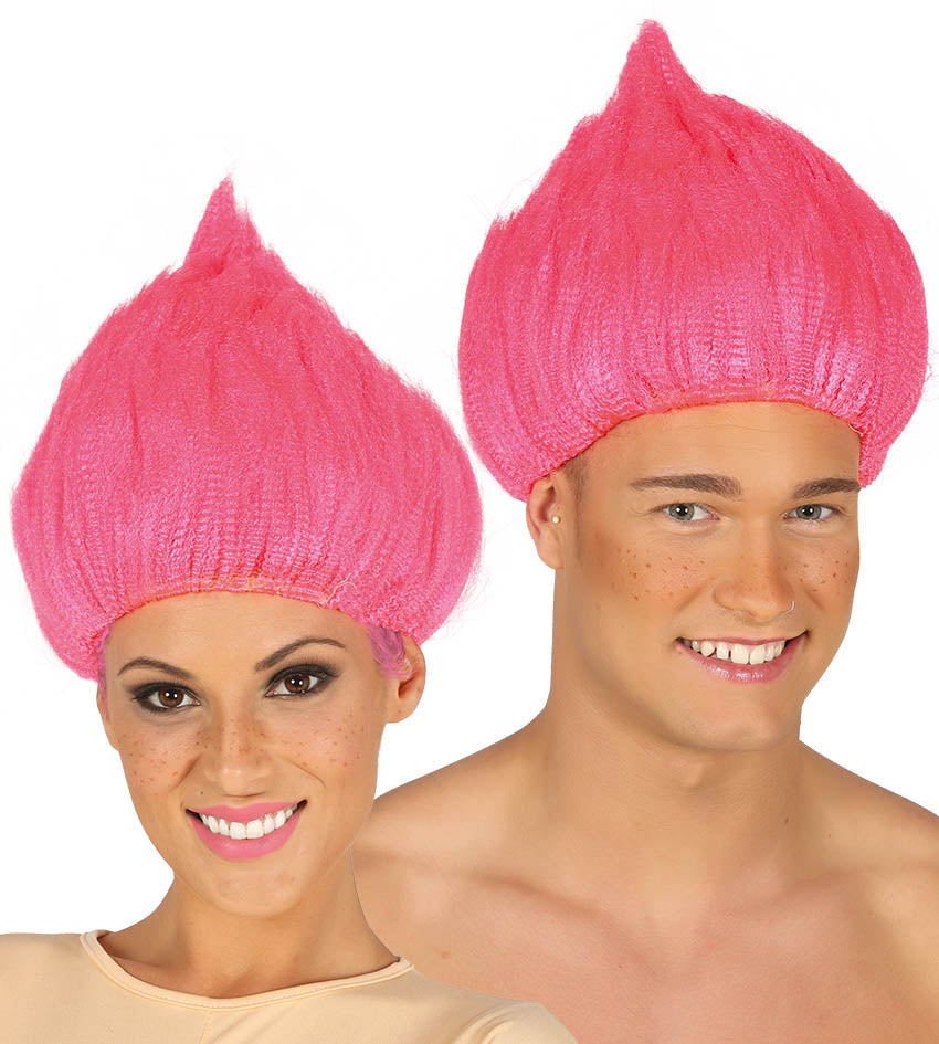 Pink Troll Wig, Crimped, Up-brushed style