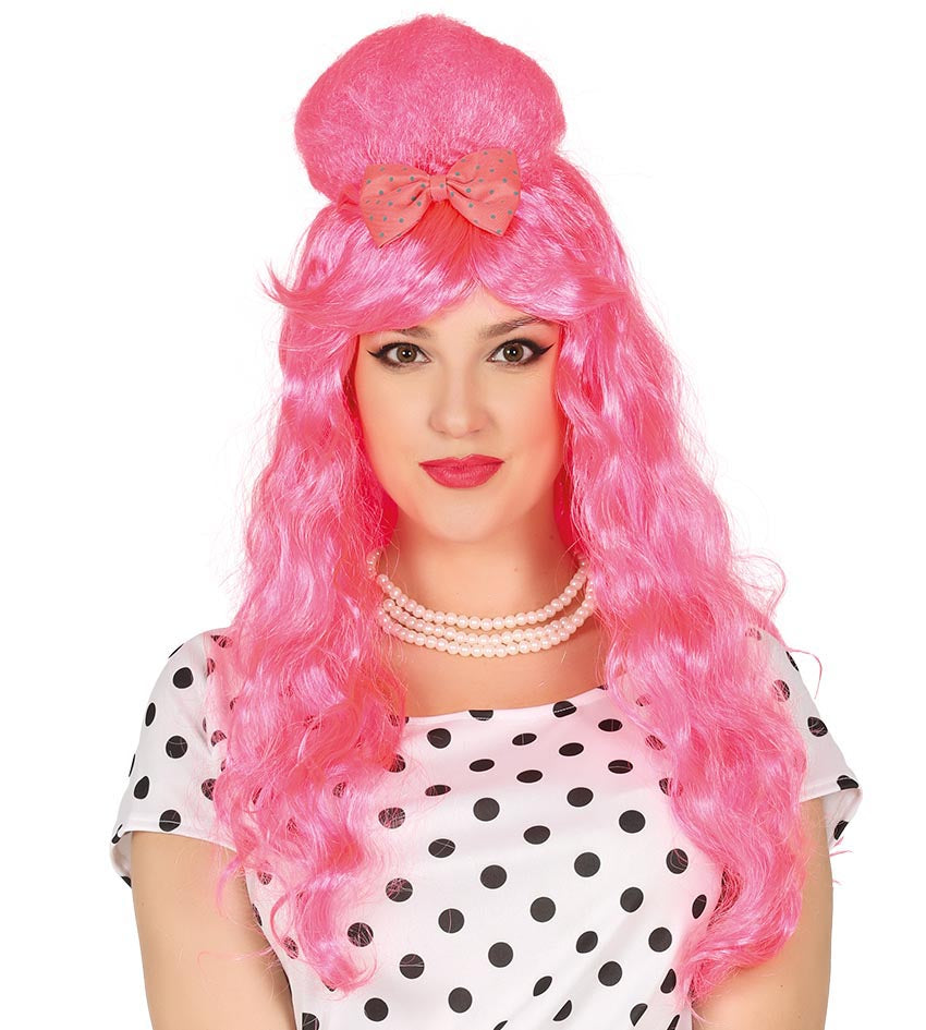 Long Pink Wig with Beehive and Bow