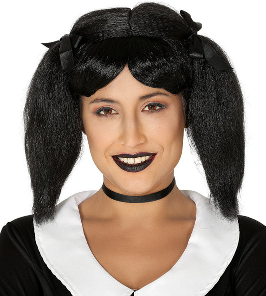 Black Pigtails Wig with Black Bows