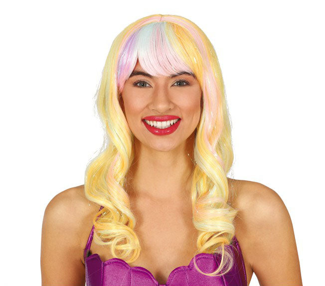 Long Curly Yellow and White Multi-coloured Wig