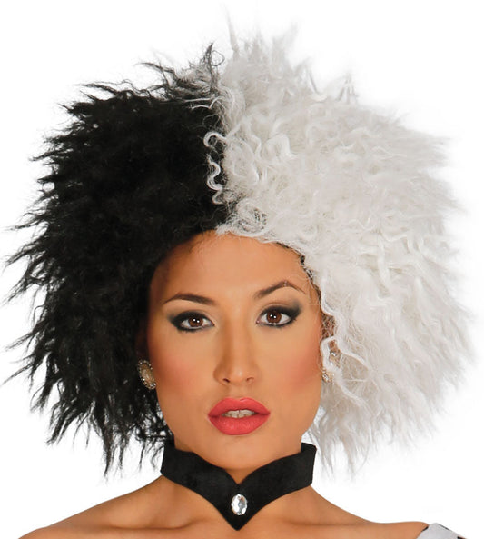 Black and White Curly Wig with one half black and one half white.
