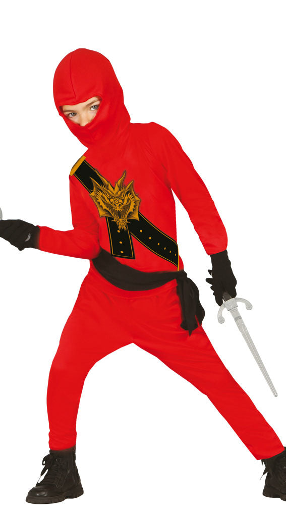 Child Red Ninja Costume includes top, trousers, hood, belt and arm ribbon