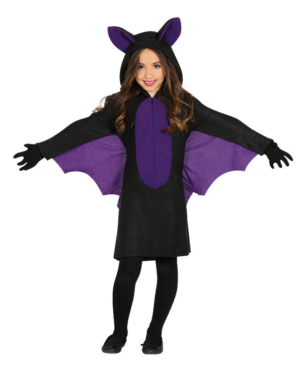 Girls Bat Costume includes black and purple dress with attached bat wings and hood with ears