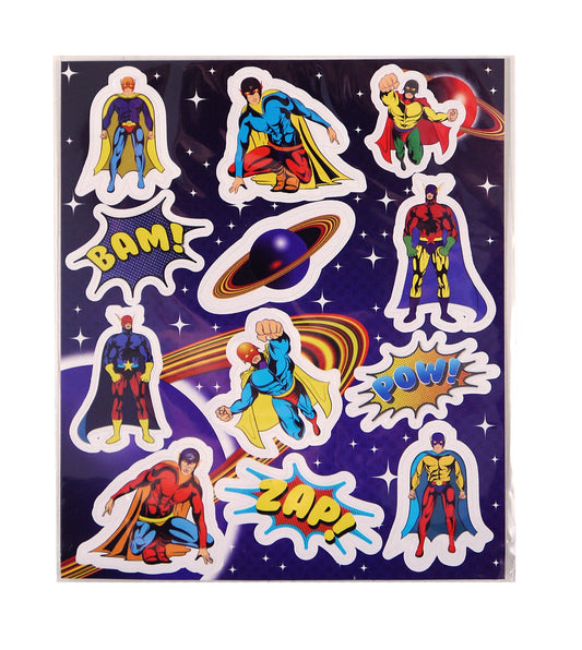 Super Hero Stickers. Each sticker sheet measures 10cm * 11.5cm (approx). Each sheet contains between 12 stickers.