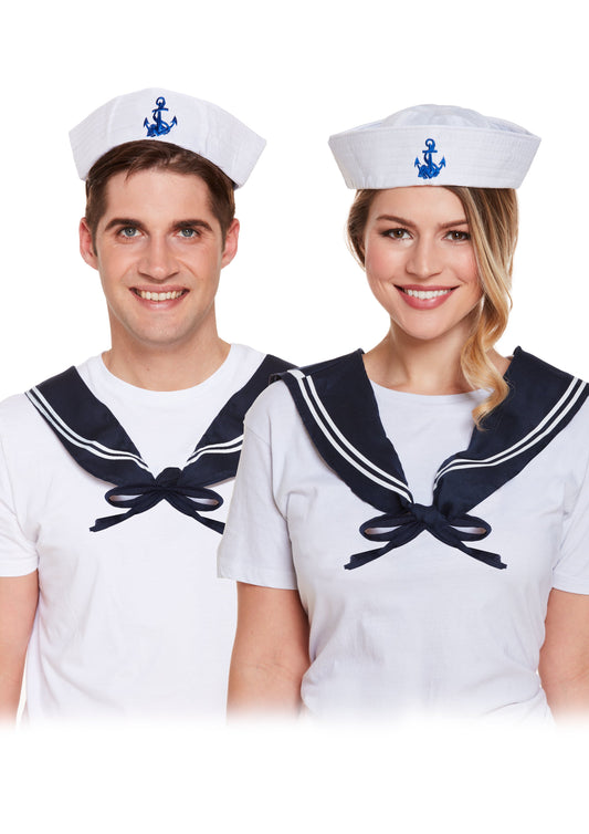 Adult Sailor Set includes hat with anchor motif and navy scarf
