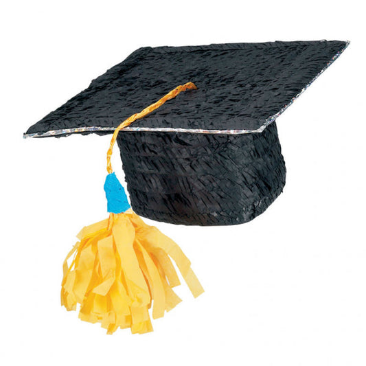 Graduation Hat Pinata. Suspend the pinata from a string and take turns to hit it with a stick until it breaks and the goodies fall out, resulting in a mad scramble to collect the treats. Guests can be blindfolded when hitting the pinata to make the game more difficult. All Pinatas are sold unfilled. Fill with small toys or wrapped treats.