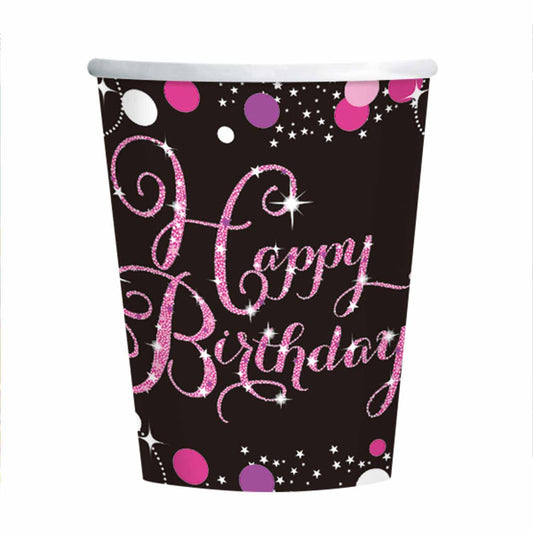 Pink Celebration Happy Birthday Paper Cups. 266ml.