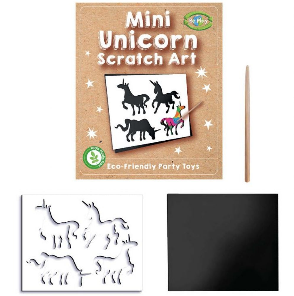 Eco Friendly Unicorn Mini Scratch Art Sheet with scraping stylus and stencil sheet. 12cm x 10cm In printed envelope and completely plastic free