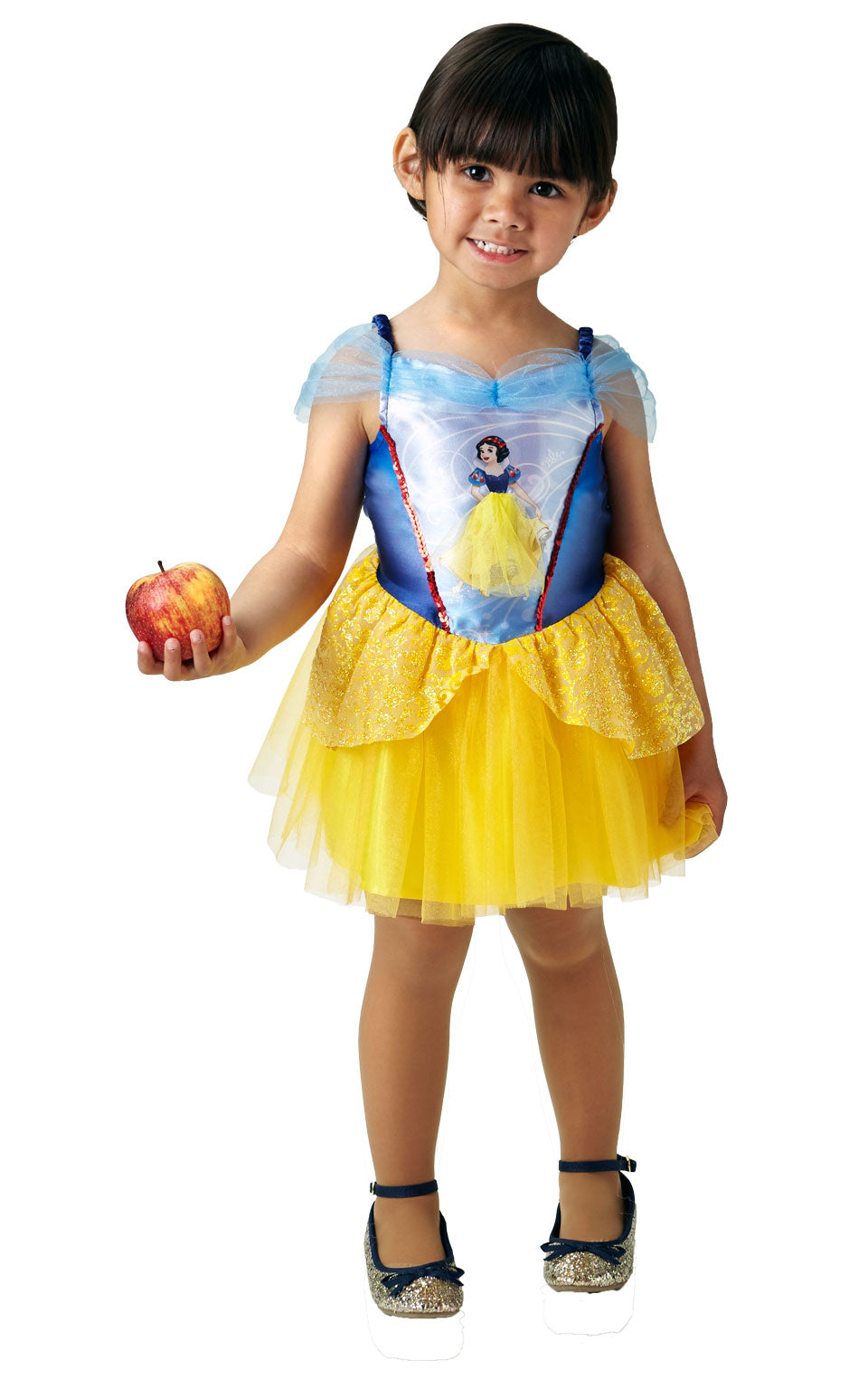 Girls Ballerina Snow White Costume includes ballerina dress with 3D Snow White bodice design and a shimmering peplum