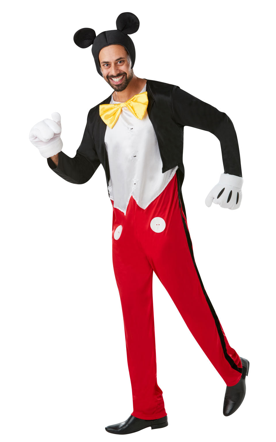 Disney Mickey Mouse Costume includes all in one jumpsuit with digitally printed buttons, black stripes down the legs, sewn in vest and attached mock jacket. Jumpsuit features attached satin bow tie. Velcro closures at rear. Oversized fibre filled gloves with printed details and four fibre filled fingers. Headpiece is a foam backed fabric snood with attached iconic Mickey Mouse ears. This is an officially licensed Disney product.