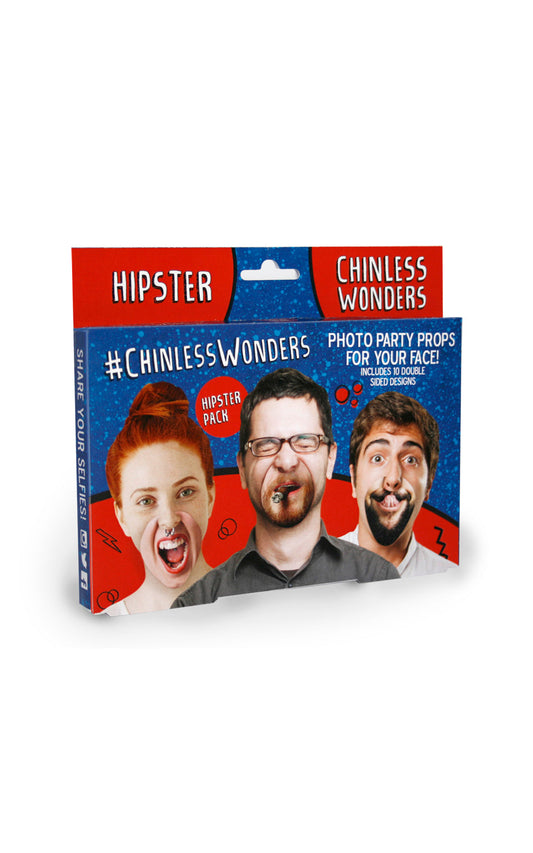 Pack of 10 double sided card Chinless Wonders. Hilarious photo party props.