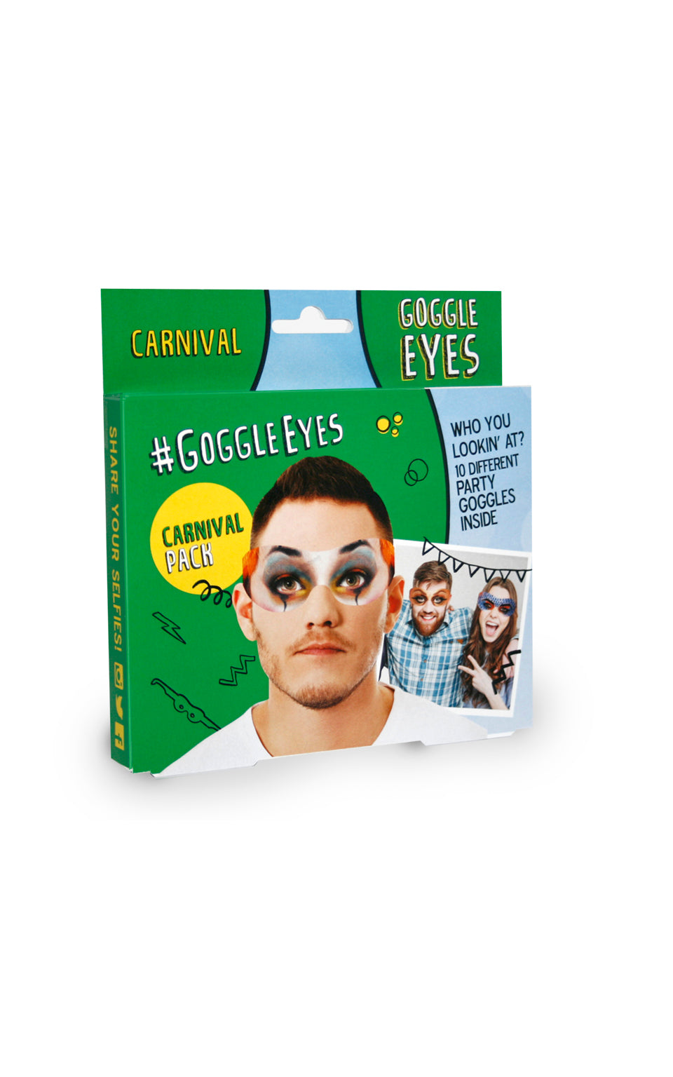 Carnival themed Goggle Eyes. Pack of 10 cardboard glasses with hilarious designs. Perfect for selfies.