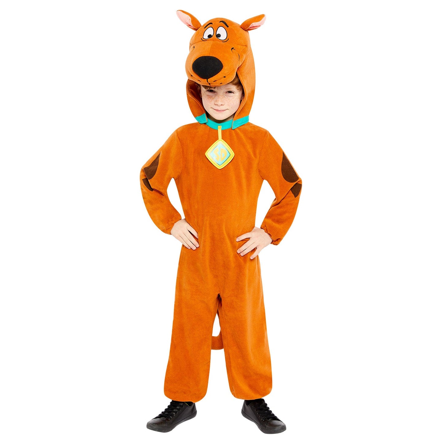 Scooby Doo Costume includes fleece jumpsuit, detachable shaped hood, logo dog tag and detachable tail