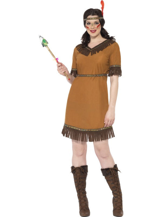 Ladies Native American Indian Maiden Fancy Dress Costume includes dress, belt and headband