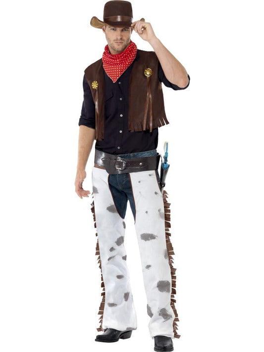 Mens Cowboy Fancy Dress Costume includes waistcoat| chaps| scarf and hat