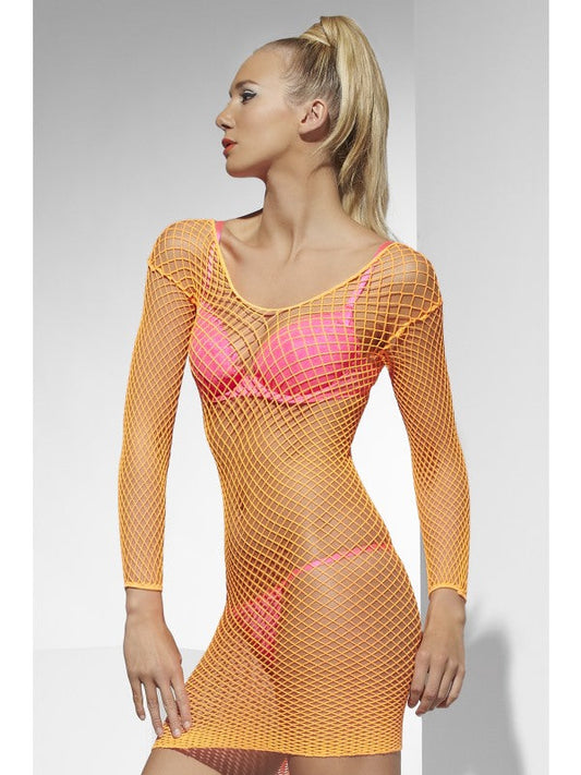 Lattice Net Dress with sleeves. Neon Orange.