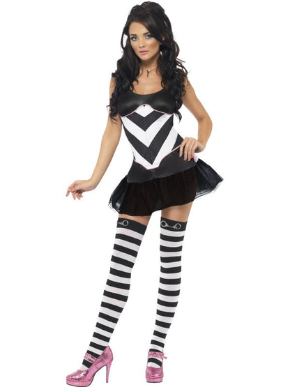 Fever Asking for Trouble Fancy Dress Costume includes dress with clear straps and eyemask. Stockings sold separately.