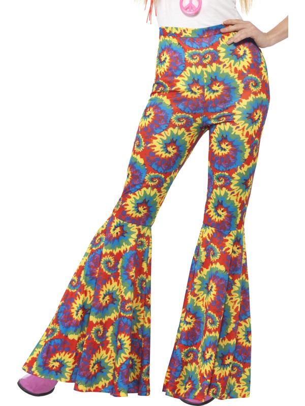 Ladies 1960s Hippy Tie Dye Bell Bottom Flared Trousers. Multicoloured