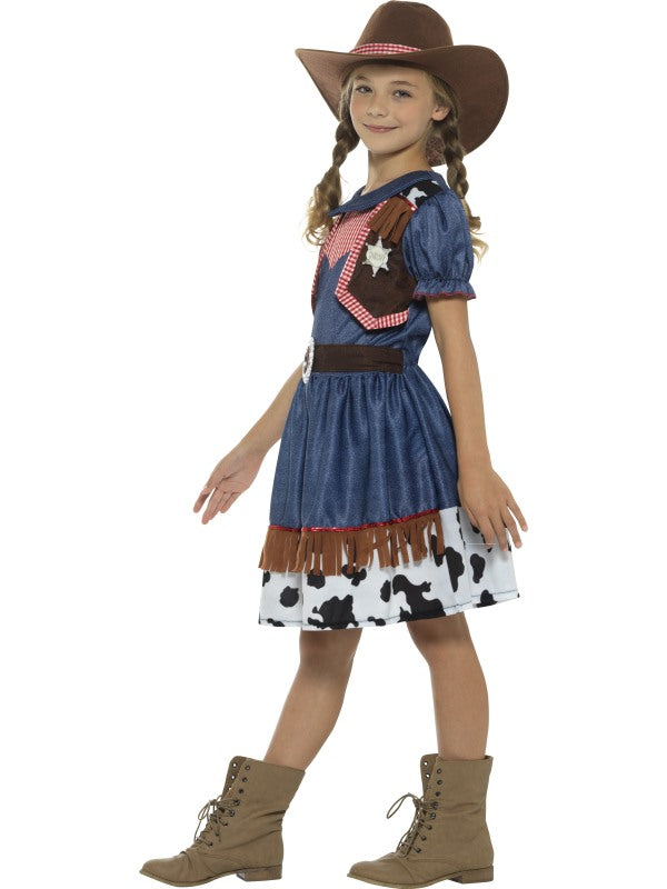 Texan Cowgirl Child Fancy Dress Costume includes dress with attached waistcoat and hat.