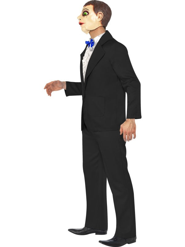 Ventriloquist Dummy Fancy Dress Costume includes jacket, mock shirt with bow tie and mask. Knife sold separately.