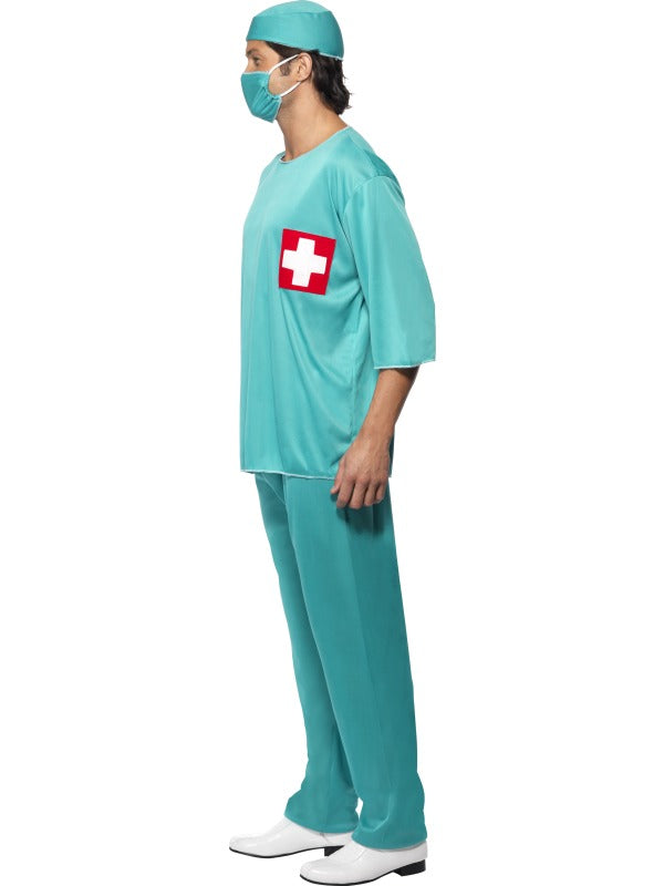 Mens Doctors Surgeon Scrubs Fancy Dress Costume includes tunic, trousers, cap and mask. Stethoscope sold separately.