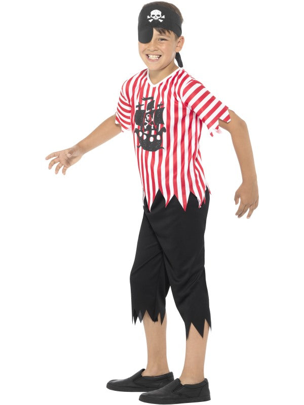 Jolly Pirate Boy Fancy Dress Costume includes top, trousers, bandanna and eyepatch