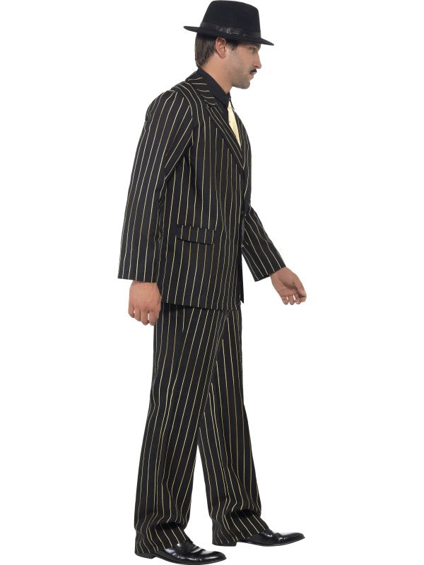 Gold Pinstripe Gangster Fancy Dress Costume includes jacket, trousers, shirt front and tie. Hat sold separately.